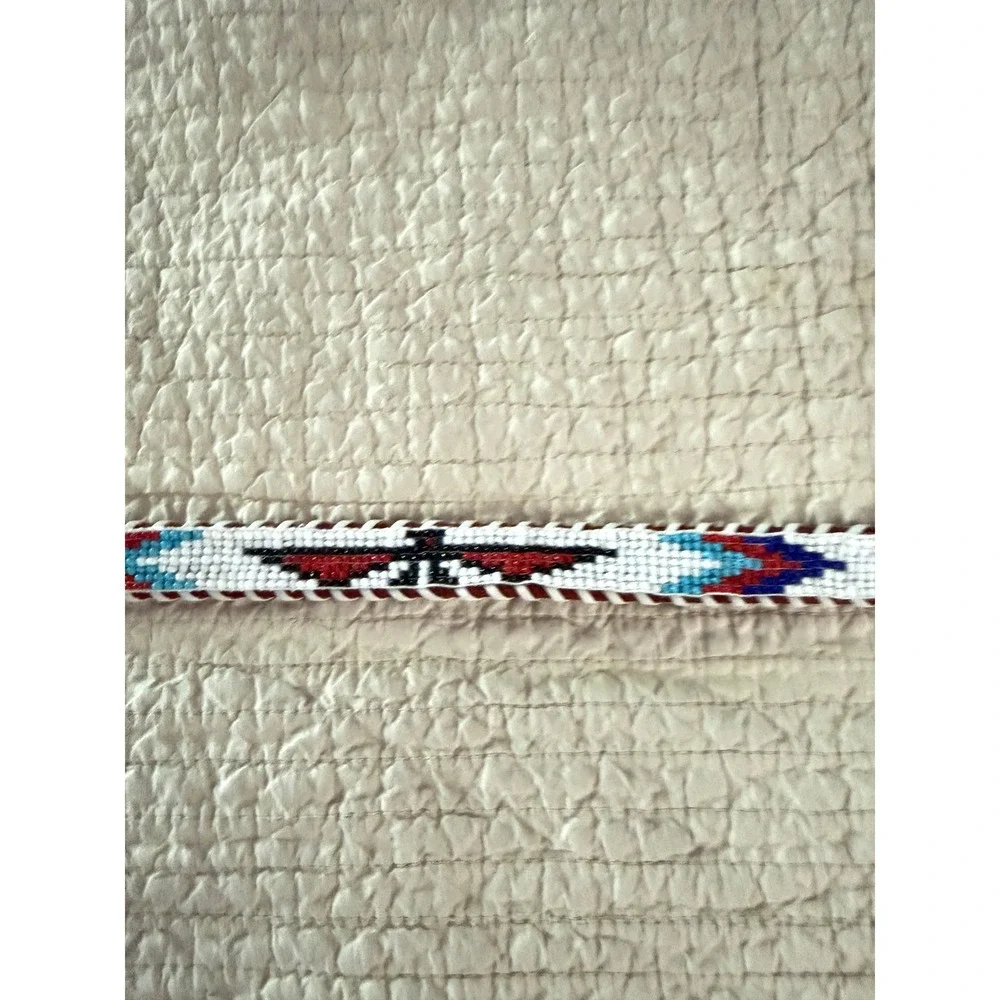 Southwestern Beaded Leather Belt Size 38 Brown White Turquoise Tribal Western